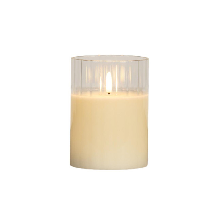 Cream Fluted Glass Timer Candle - 5" Pillar 3D Flame