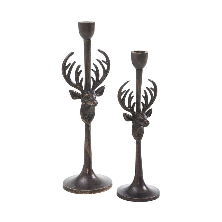 Rustic Stag Candlestick Holders - Taper Metal Set of 2
